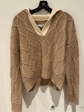 NWOT - Petite Studio Cable-Knit V-Neck Hooded Sweater in Tan and Cream